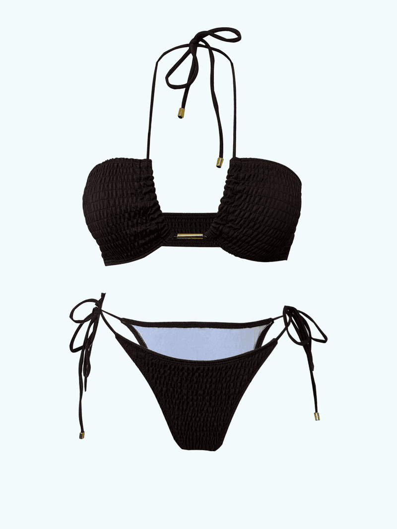 Sexy Strapless Neck Bikini Pleated Solid Color Swimsuit for Women
