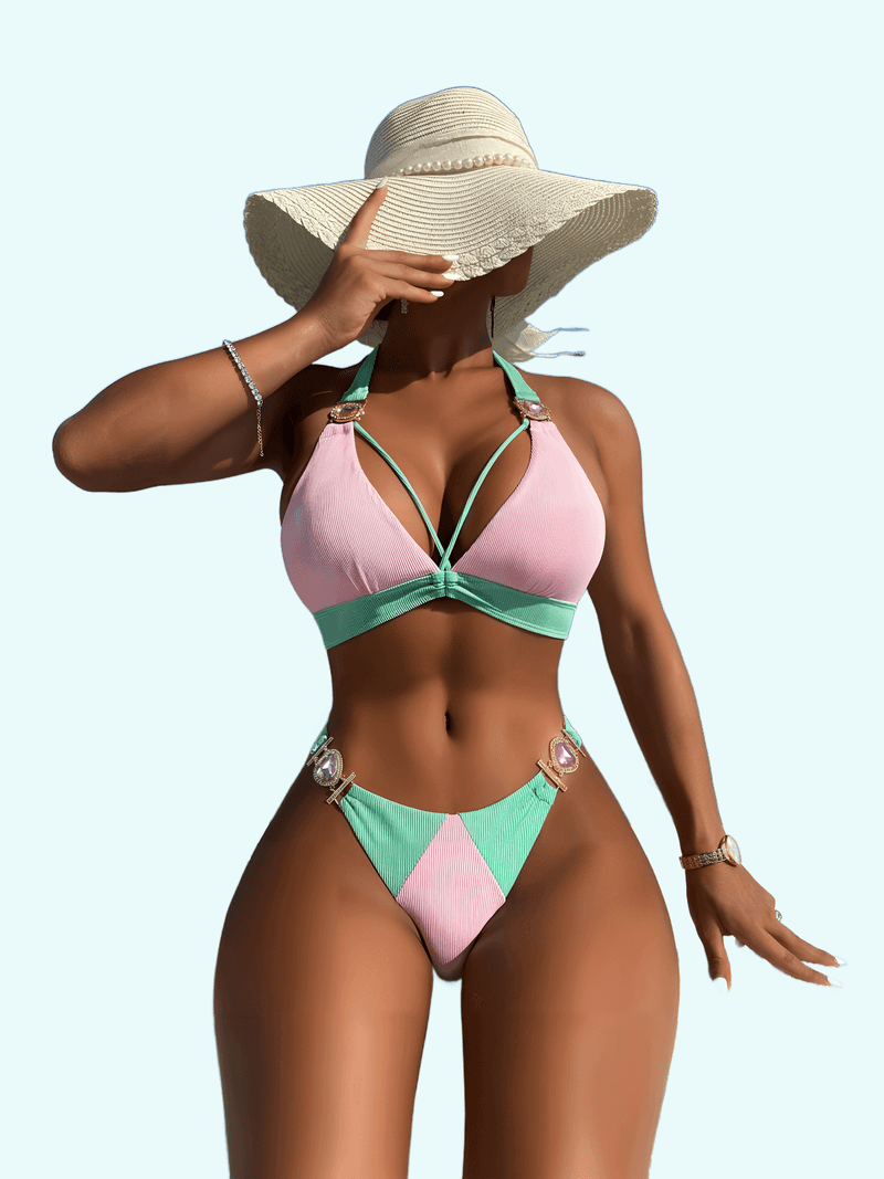 Colorblock Lace-Up Pit High Waist Bikini