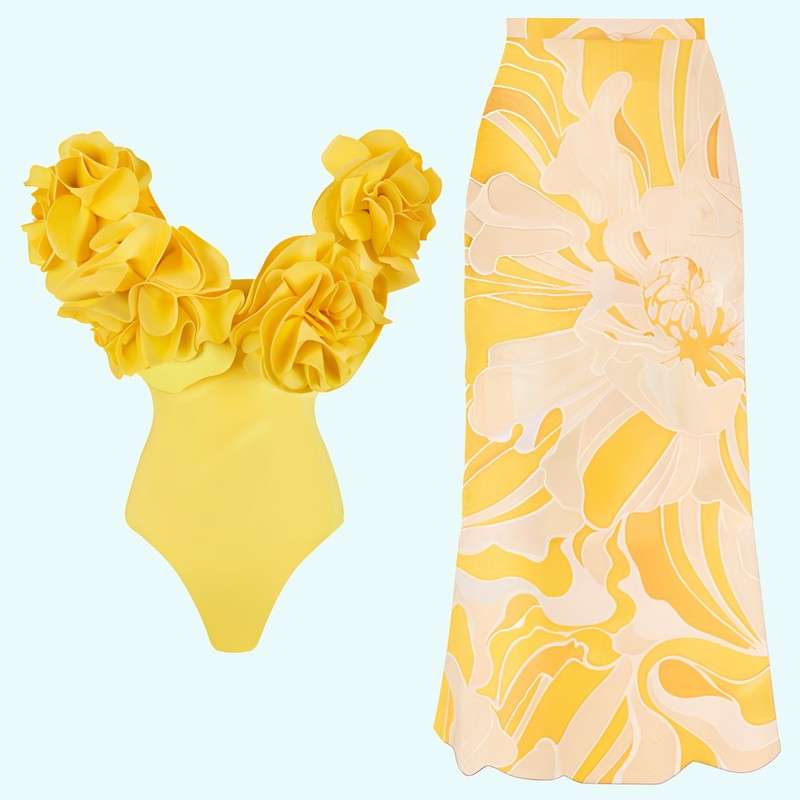 Three-dimensional flower tube top one-piece swimsuit