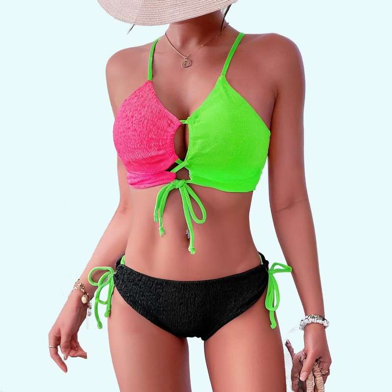 Cutout Strap Stitching Contrast Swimsuit