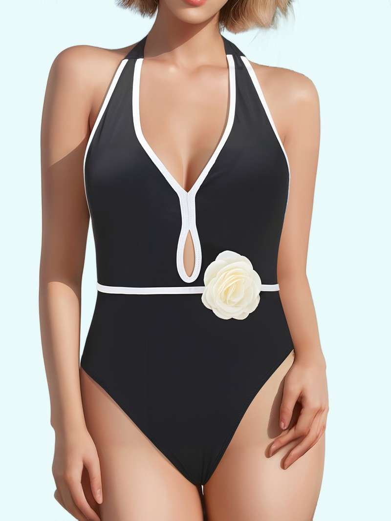 Hanging Neck Three-Dimensional Flower Swimsuit