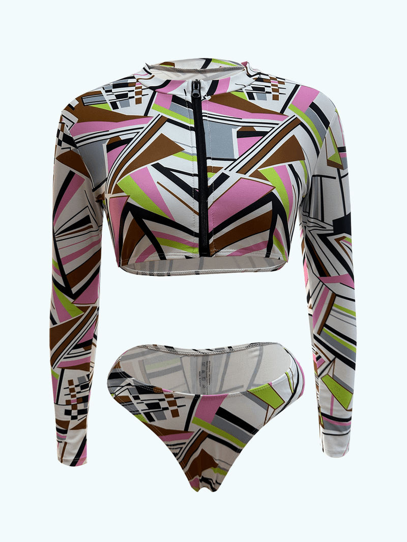 Printed split long sleeve swimsuit zipper swimsuit supplier