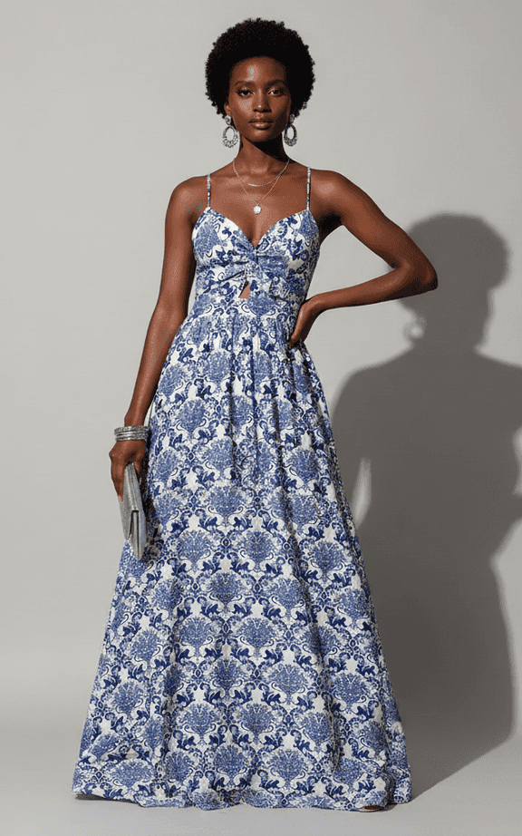 Black strapless tropical print high-low maxi dress for evening resort wear with side split