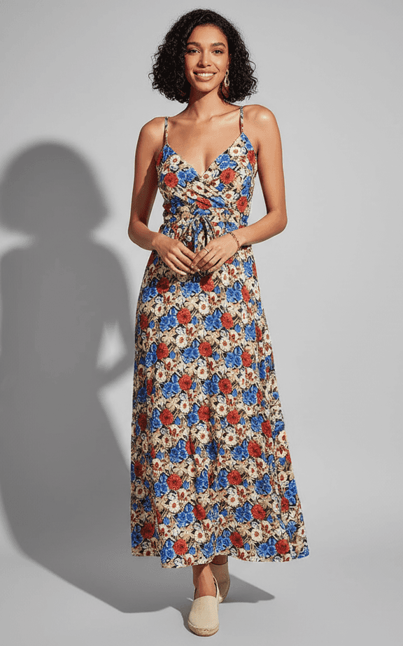 White embroidered floral maxi dress with V-neck for beach weddings and formal resort wear