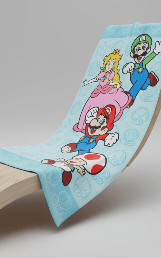 Bright blue Super Mario character print beach towel with Nintendo gaming characters