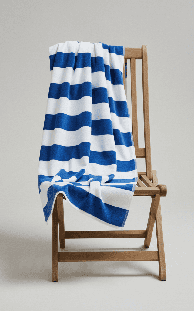 Wide royal blue and white striped terry cloth beach towel with classic horizontal stripes