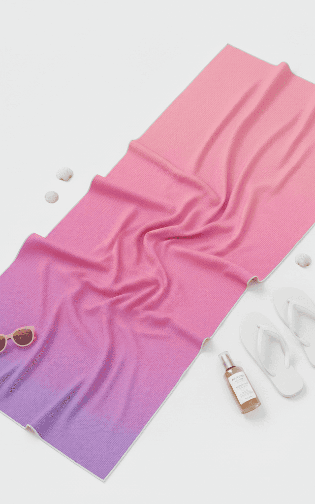 Seamless pink to purple gradient microfiber beach mat with sunglasses and flip-flops
