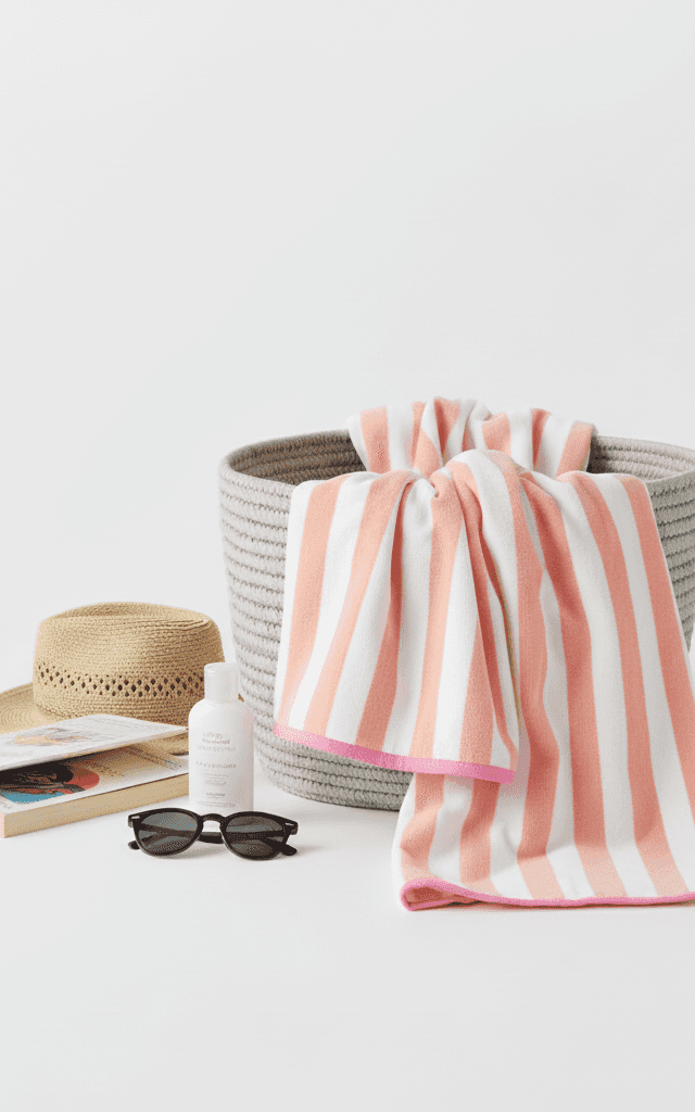 Coral and white striped beach towel with bold vertical stripes and summer colors