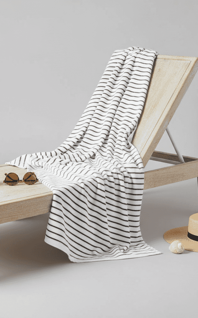 Thin black and white striped nautical towel with classic horizontal maritime stripes