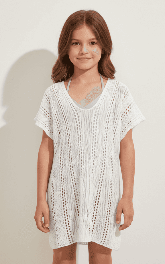 Girls' white open-knit cotton tunic swim cover-up with V-neck design