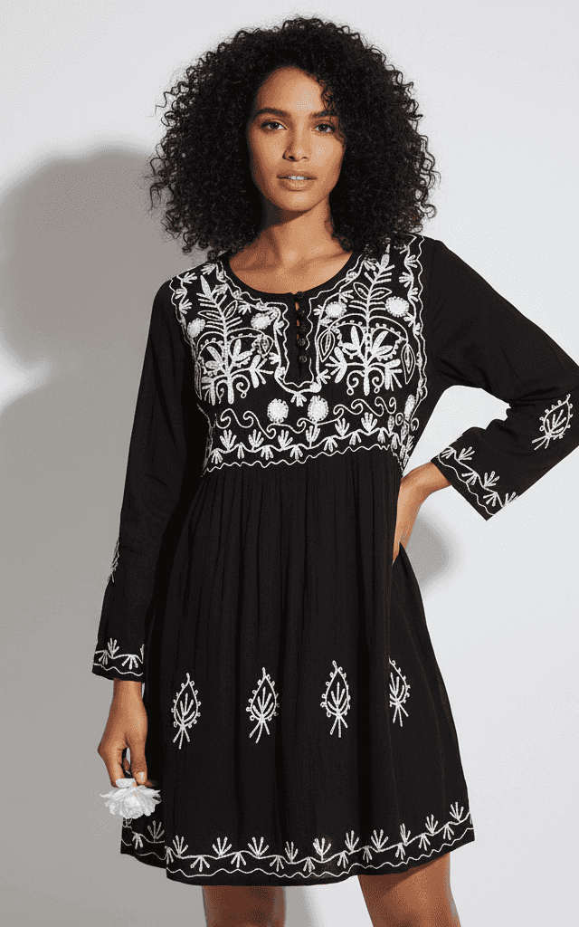 Black long-sleeve mini dress with white embroidery and bohemian babydoll style