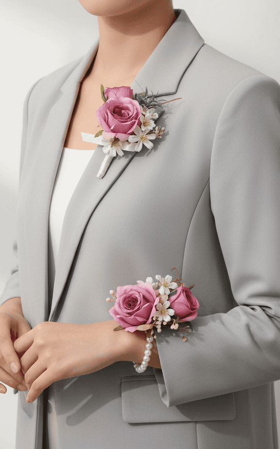 Classic white rose wedding corsage and boutonniere set with silver ribbon and gold berry accents