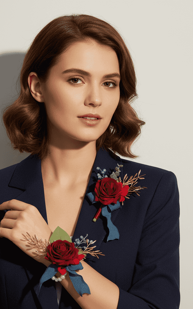 Sunset orange and cream rose wedding corsage set with yellow accents for fall celebrations