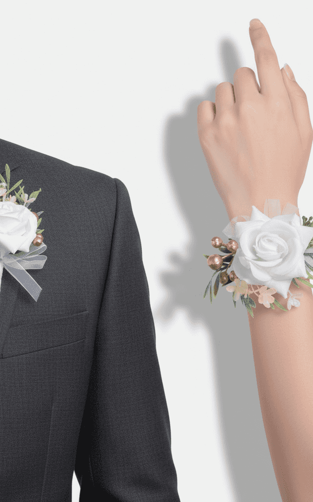 Dusty blue rose and carnation corsage duo with satin ribbon for modern contemporary weddings
