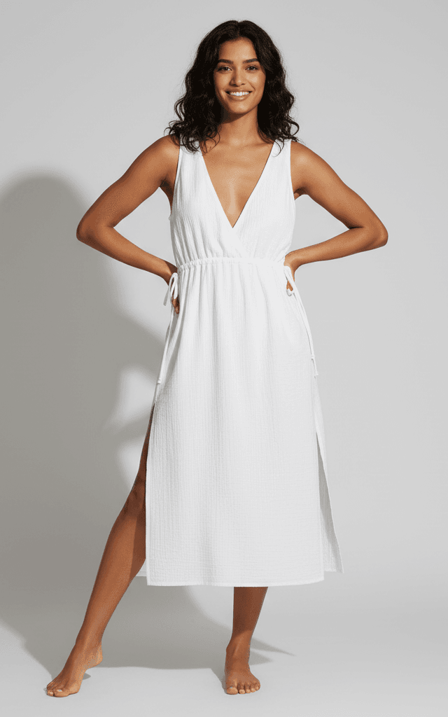 Beach Cover-Ups white midi V-neck dress with side splits and crinkle texture