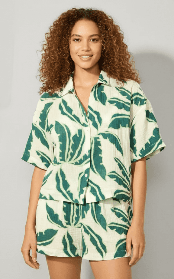 Beach Cover-Ups two-piece set with tropical leaf print shirt and matching shorts