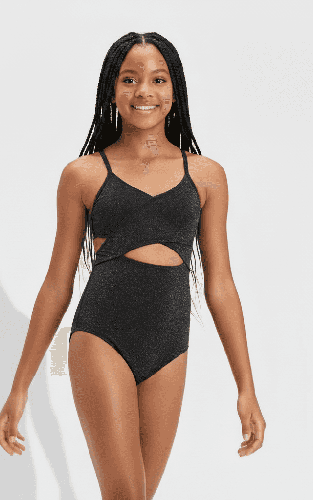 Girls' One-Piece Swimsuit Shimmering black cutout design for tween girls.