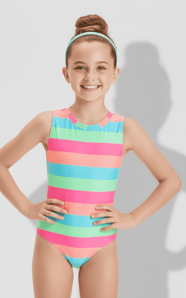 Girls' One-Piece Swimsuit Neon horizontal stripe pattern with athletic tank cut.