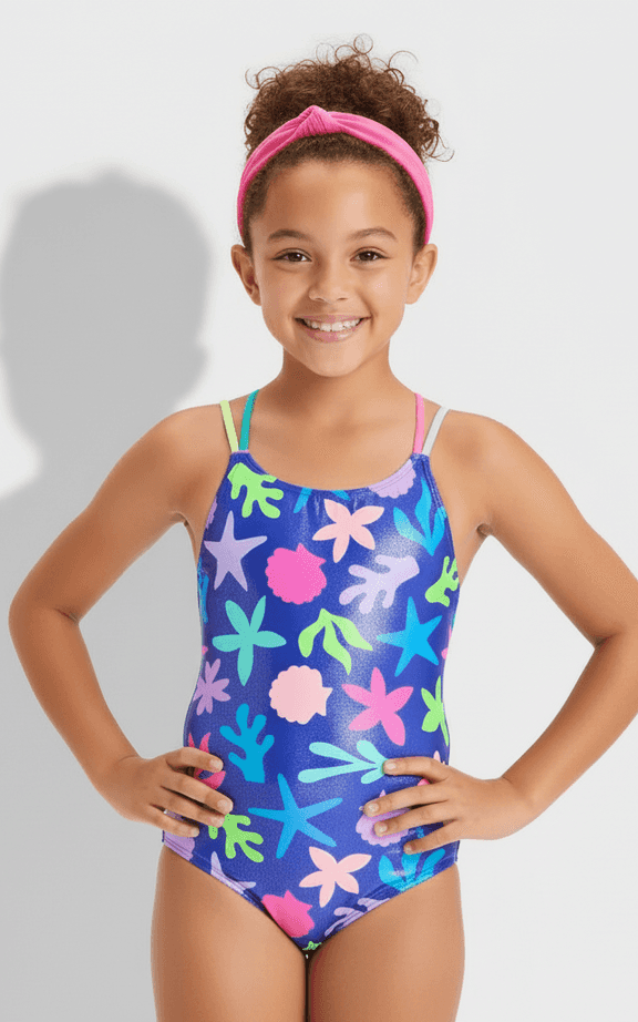 Girls' One-Piece Swimsuit Blue with multi-color sea life print and mesh texture.