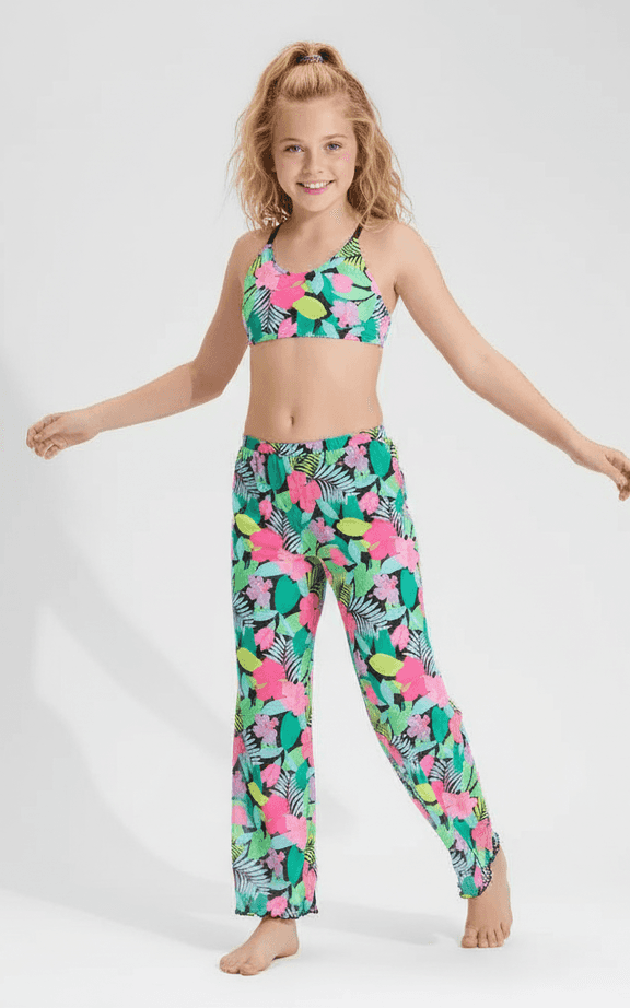 Girls' Swim Set Tropical print crop top and matching beach pants for cover-up.