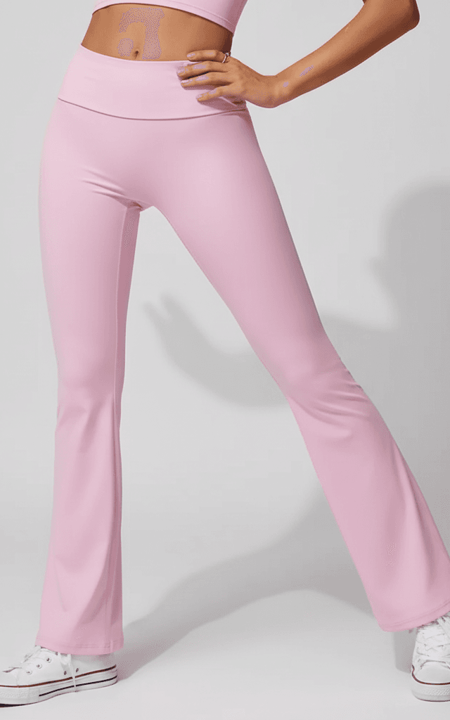 Light pink flared yoga pants with a high waist, inspired by retro Y2K fashion