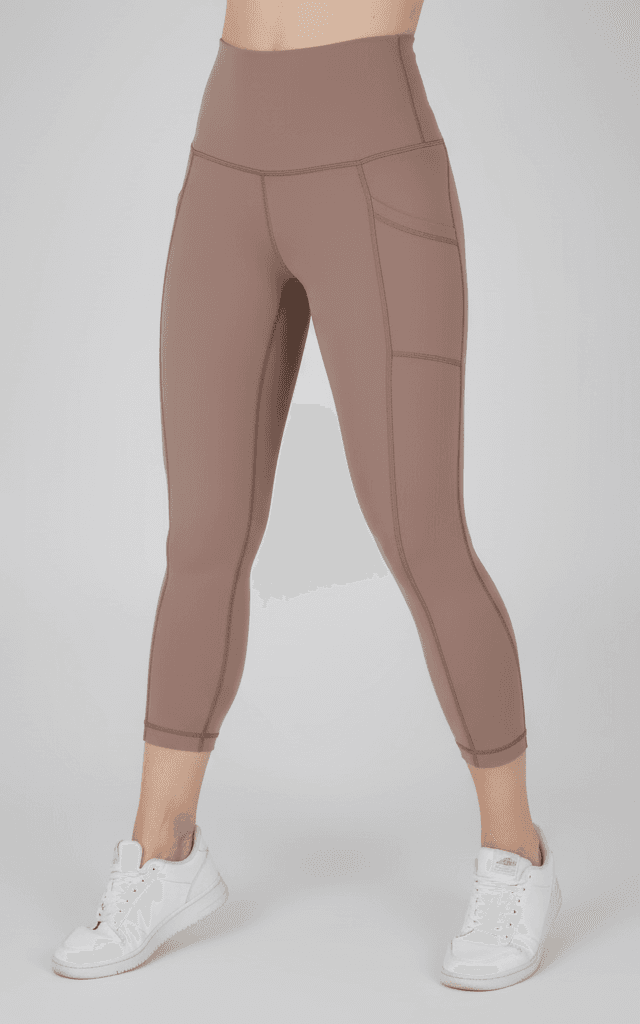 Mocha color cropped pocket tights with convenient side storage for running