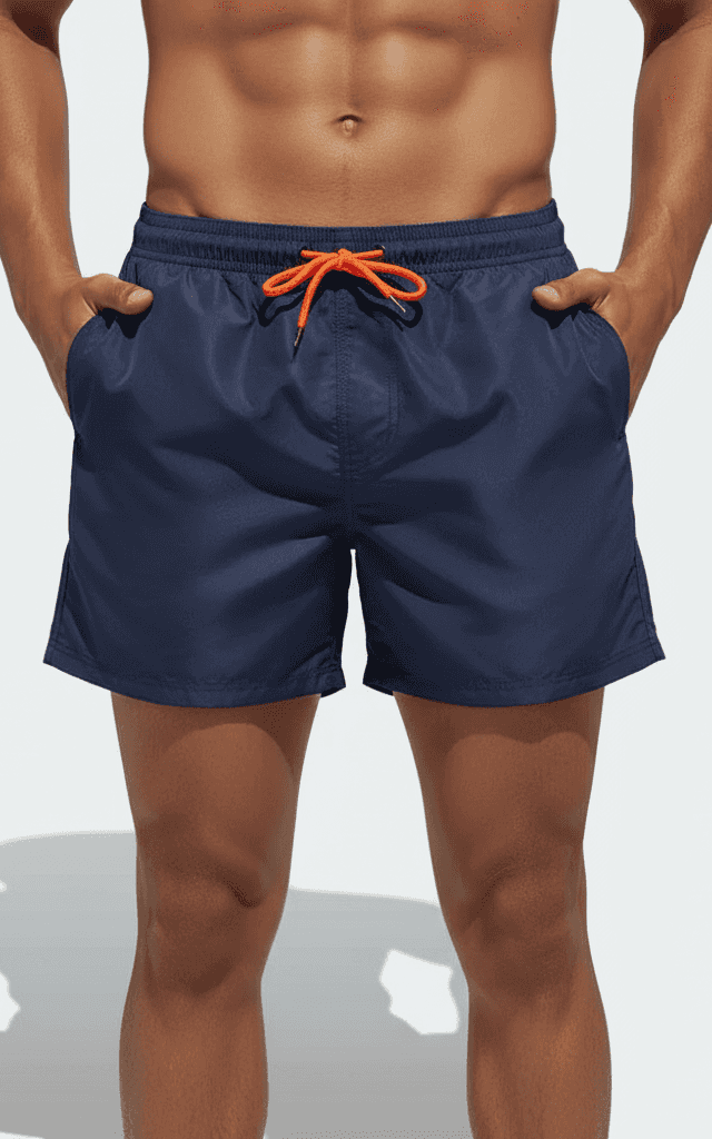 Men's Swim Trunk, short cut with an all-over daisy flower pattern.