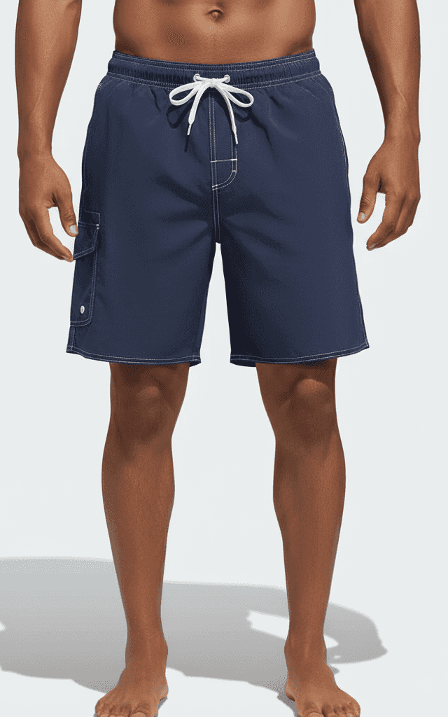 Men's Swim Trunk, tropical floral print in mint green and red.