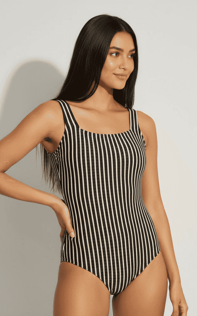 Black and cream vertical stripe square neck maillot with thick straps and retro styling