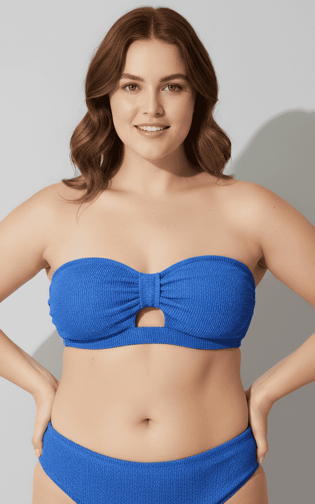 Plus Size Swimwear Set Blue Textured Bandeau Top with Front Keyhole and Matching Bikini Bottoms.
