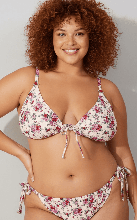 Plus size cream ditsy floral triangle bikini with side ties and adjustable straps
