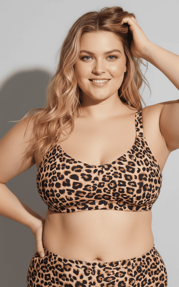 Plus Size Swimwear Set Leopard Print Scoop Neck Comfort Bra Top and High Waist Bottoms.