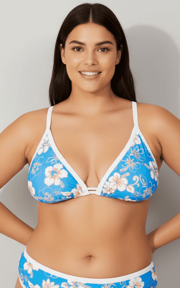 Plus size blue hibiscus print triangle bikini with V-neck and contrast trim bottoms