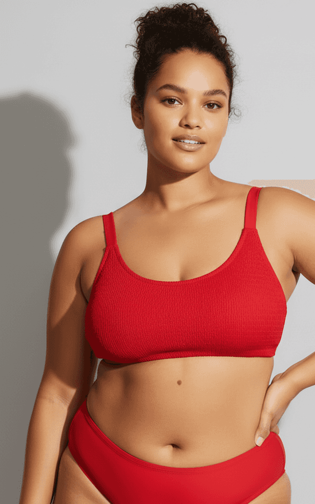 Plus Size Swimwear Set Fire Red Textured Scoop Neck Top and High-Cut Cheeky Bottoms.