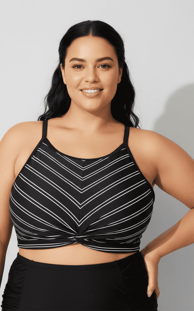 Plus size black and white chevron twist-front bikini with ruched high-waist bottoms