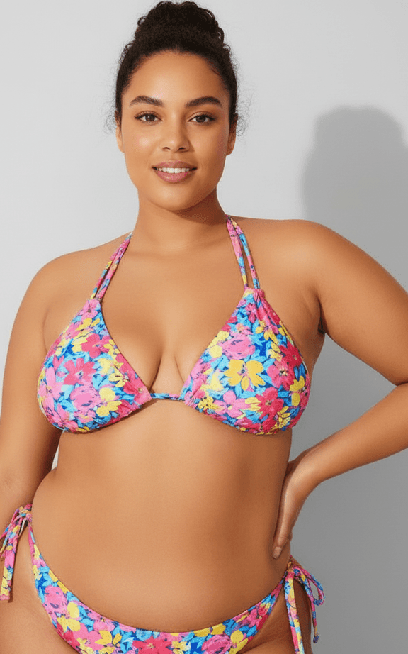 Plus size neon floral halter bikini with string tie top and matching tie-side bottoms