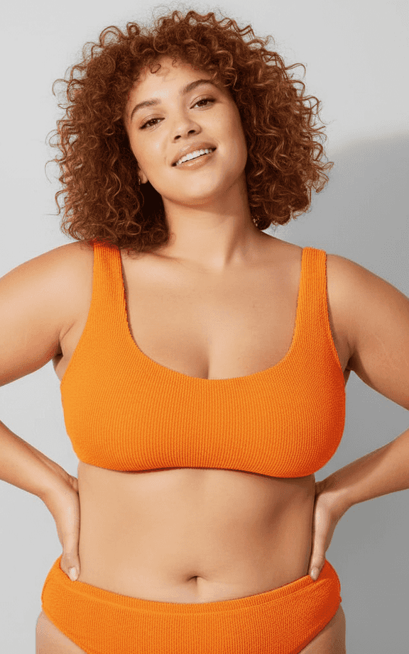 Plus Size Swimwear Set Ribbed Orange Scoop Neck Wide Strap Top and Full Coverage Bikini Bottoms.