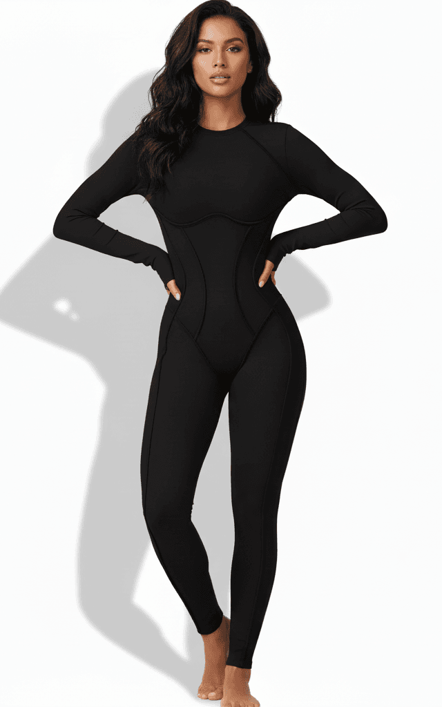 Black long sleeve jumpsuit with contouring seams and full length coverage