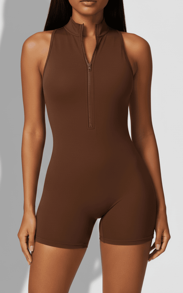 Deep brown compression romper with high neck and bikeshort style for athletic wear