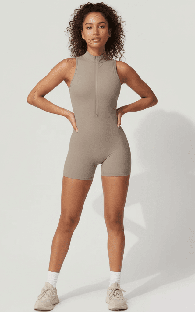Taupe sleeveless zip-up romper for gym and fitness performance wear