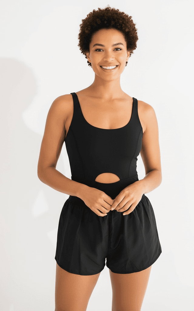 Black flowy shorts romper with fitted tank and waist cutout for utility and comfort