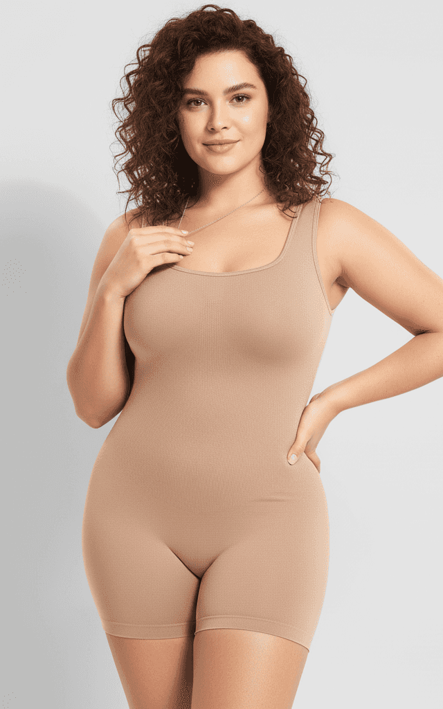 Nude seamless shapewear romper with square neck for base layer and body shaping