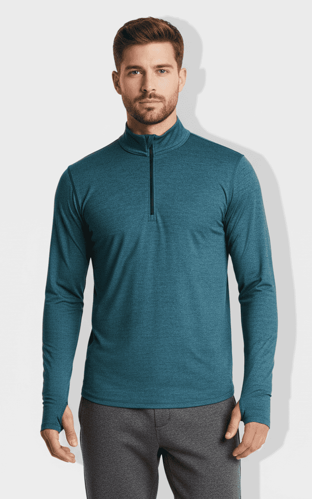 Men's teal heather 1/4-zip baselayer with thumbholes for cold weather layering