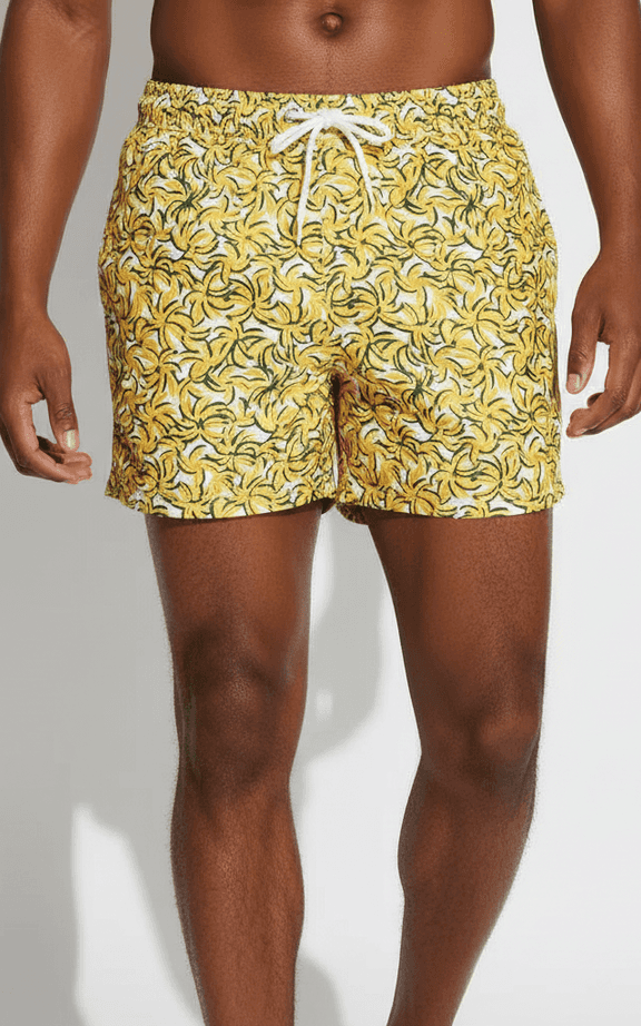 Banana Print Retro Swim Trunk, fun all-over yellow banana pattern, short-cut for maximum mobility