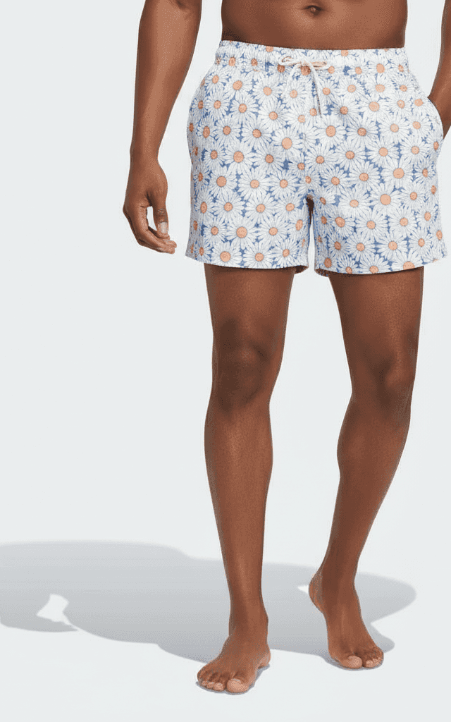 White swim trunk with daisy floral print, short inseam, ideal for summer holidays