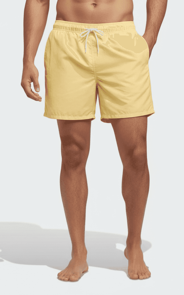 Yellow swim trunk with drawstring waist, simple bright style for beach days