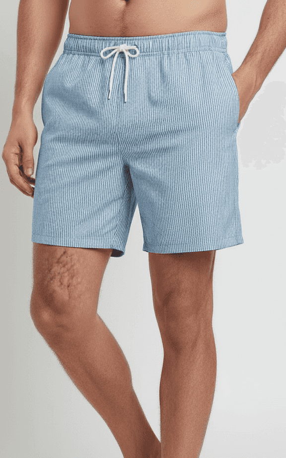 Blue striped swim trunk with relaxed fit and drawstring closure