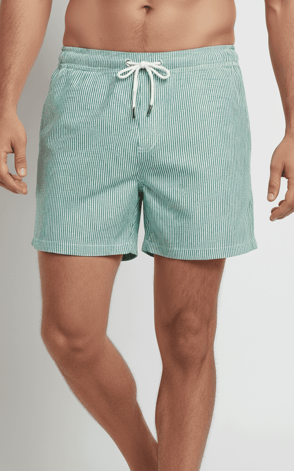 Green seersucker striped swim trunk with nautical style