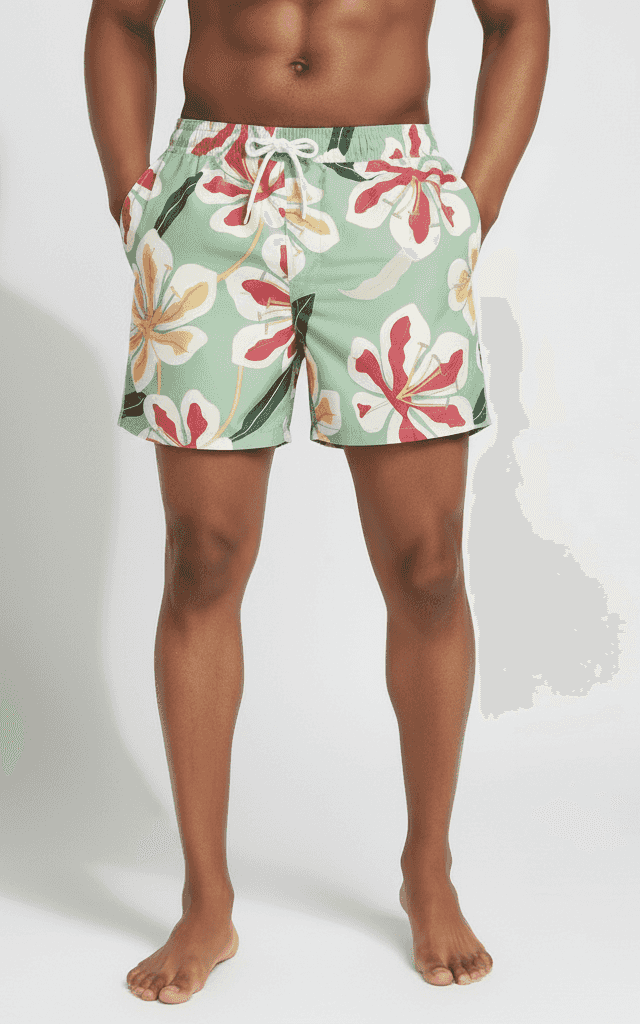 Sage green swim short with bold hibiscus floral print, mid-length cut