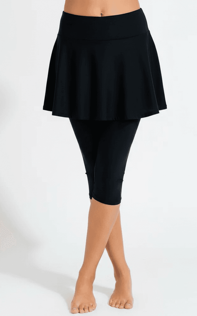 Skirted Swim Leggings Capri Length Flared Skirt Black.